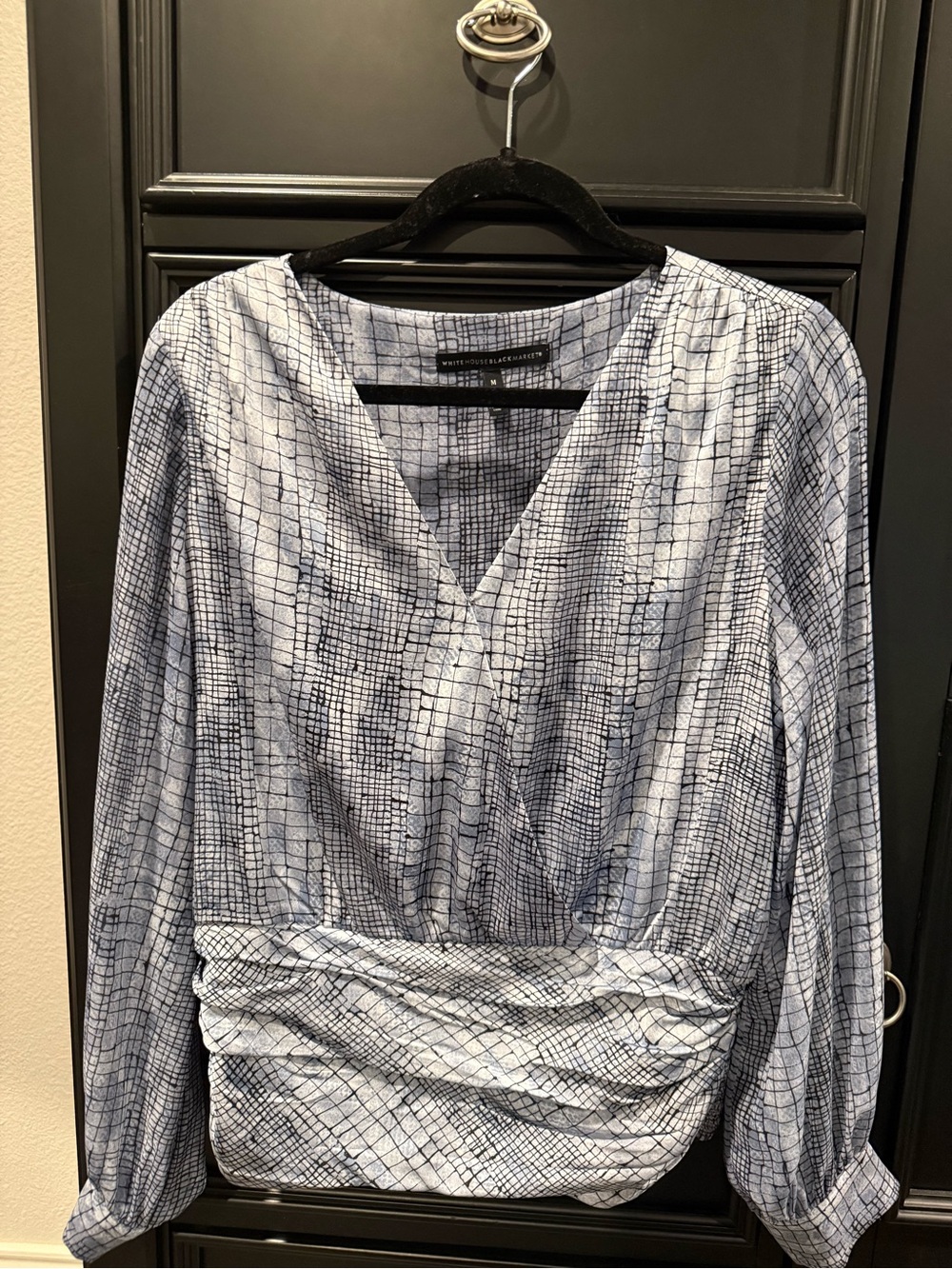 White House Black Market Blue Grid-Print V-Neck Long Sleeve Dress